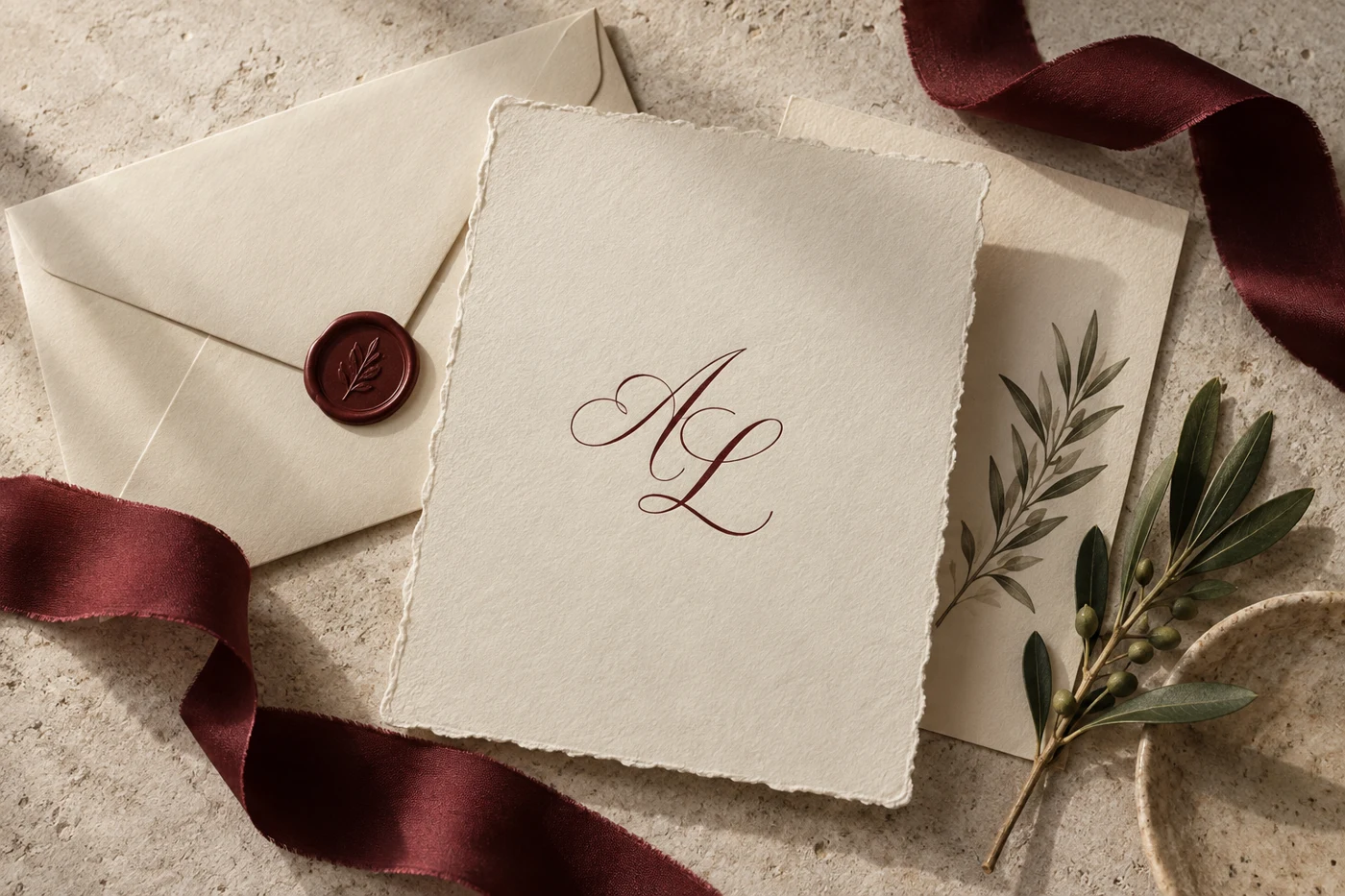 A carefully composed ivory invitation suite with burgundy ribbon